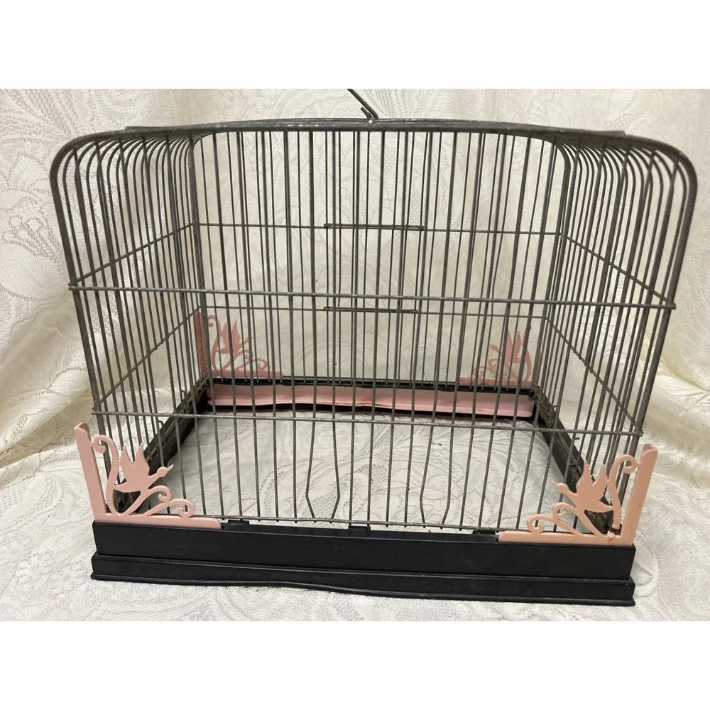 Vintage MCM Beco Bird Cage Pink Bird Accents Black Base MCM Incomplete